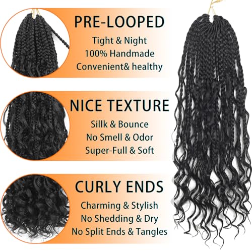 9 Packs Boho Goddess Box Braids Crochet Hair Bohemian Box with Curly Ends Pre-Looped Synthetic Hair Extensions for Black Women(24 Inch,1B)