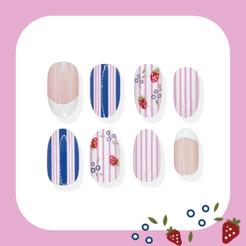 Blueberry Medium Oval Press-On Nails - Summer White French Tip with Striped Designs | 24 Pcs Reusable Full Cover Set