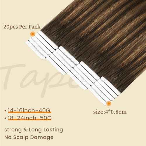 DNE Tape in Hair Extensions Real Human Hair 24 inches 20Pcs/50g/Pack Seamless Dark Brown to Chestnut Brown#T2-P2/6 Straight Invisible Double Sided Tape in Hair Extensions for Women/Girls