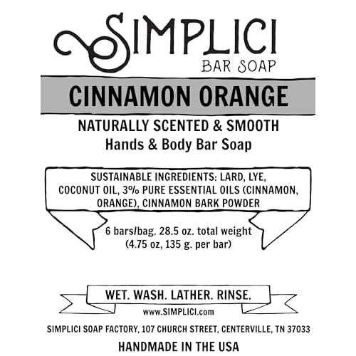 Simplici Cinnamon Orange Natural Soap (smooth + pure essential oils) 6 Bar Value Bag. Palm Free.
