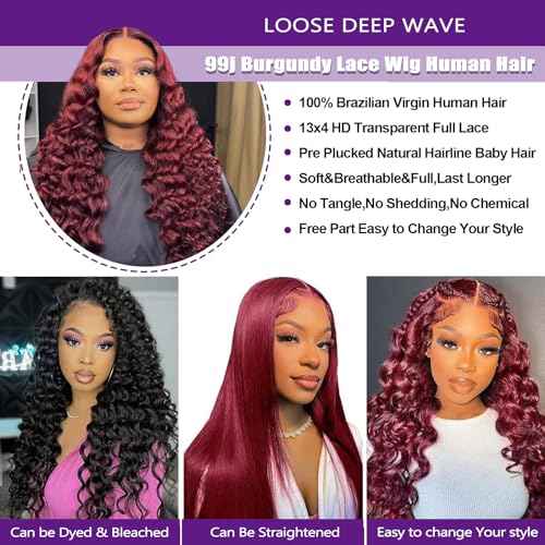 99j Loose Wave Lace Front Wigs Human Hair Pre Plucked Burgundy Loose Deep Wave 13x4 Hd Lace Front Wigs Human Hair for Women 180% Density 99j Burgundy Glueless Deep Wave Wig 22 Inch