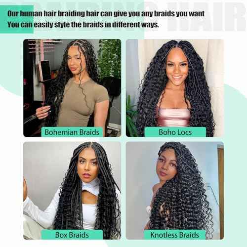 12 Inch Human Braiding Hair for Boho Braids 100g Deep Wave Curly Boho Hair for Braiding Knotless 3 Bundles/Pack Natural Black