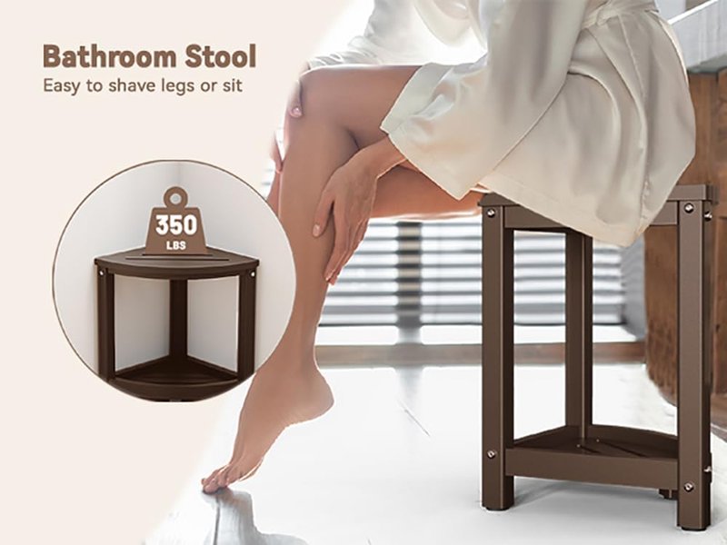 Shower Stool - Waterproof Corner Bench Seat with Baffle Storage Shelf | Indoor/Outdoor Use, Brown