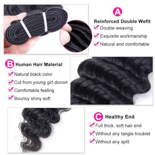 Odir Deep Wave Hair Bundles with 13x4 Frontal Brazilian Human Hair Deep Curly Hair 3 Bundles with Lace Frontal 14 16 18+12 Inch 9A Unprocessed Virgin Hair Natural Color