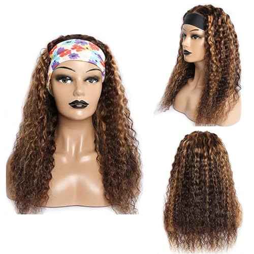 Ombre Deep Wave Headband Wig Human Hair #4/27 Curly Headband Wigs for Black Women Human Hair Glueless None Lace Front Wigs Brazilian Virgin Hair Wig Machine Made 150% Density 18 Inch