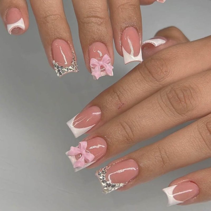 24Pcs White French Tip Press-On Nails - Medium Coffin Design with Bow Charms & Rhinestones | Pink Acrylic Full Cover