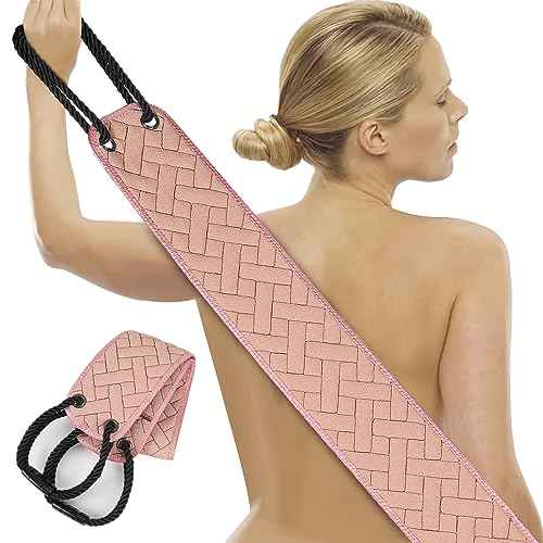Exfoliating Back Scrubber with Upgraded Handles, 38.5 Inch Double-Sided Body Scrub Bath Exfoliator, Exfoliating Washcloth for Use in Shower, Back Washer to Deep Clean Your Skin for Men & Women (Pink)