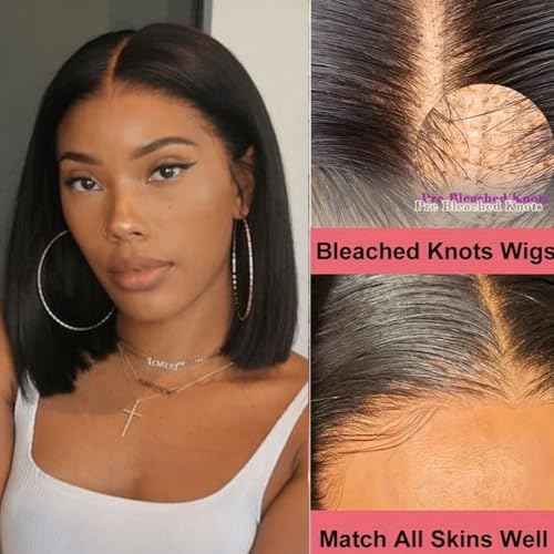 Bleached Knots 13x6 Bob Lace Front Wig Human Hair Straight Transparent Lace Frontal Wigs Pre Plucked with Baby Hair Brazilian Remy 180 Density Short Natural Color Wigs for Black Women