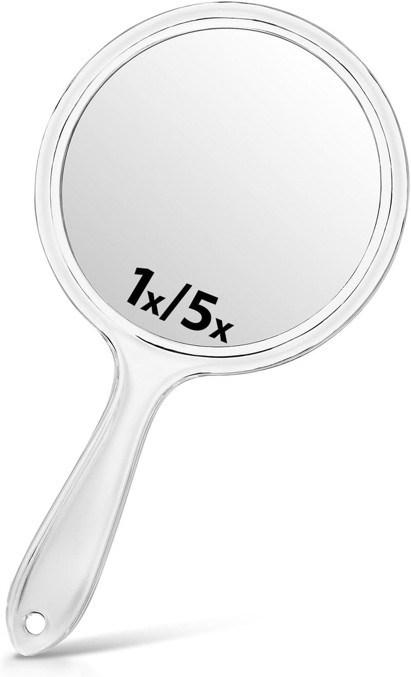 Macaki Hand Mirror, Double-Sided 1X/5X Magnifying Mirror with Handle, Acrylic, 8.3" L x 4.5" W, Clear, Pack of 1