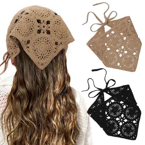 HAIMEIKANG Floral Crochet Hair Bandanas Headscarf 2 PCS Women Hair Scarf Daisy Headband Vintage Head Kerchief for Girls