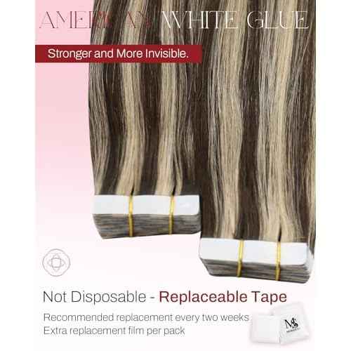 Moresoo Tape in Hair Extensions Human Hair Brown Real Hair Tape in Extensions Dark Brown with Caramel Blonde Human Hair Glue in Human Hair Extensions Fashion Seamless 22 Inch 20Pcs/50g #P4/27