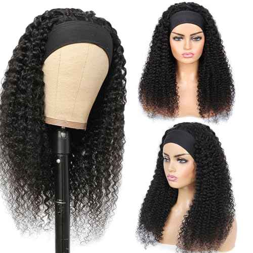 Aiterina Kinky Curly Human Hair Headband Wig Curly Human Hair Wigs 150% Density Brazilian Virgin Human Hair Machine Made Wig for Black Women Non Lace Front Wig Natural Color (Headband Wig, 26inch)