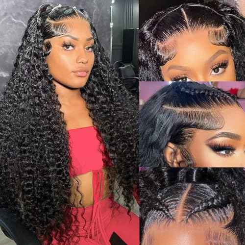 22 Inch 13¡¿6 HD Lace Front Wigs Human Hair Water Wave 200 Density Lace Frontal Wigs Pre Plucked Deep Curly Human Hair Wig for Women Natural Black