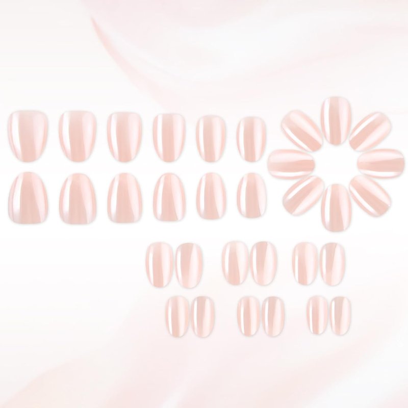 Nude Press on Nails Short Oval Nail Press ons with Natural Glossy Finish Full Cover Solid Color Stick on Nail for Women Manicure 32Pcs