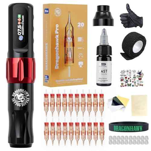 Dragonhawk Atom2 Tattoo Kit Cordless Pro Gun Machine 20 Tattoo Needles Cartridges Rca Supply Complete for Beginners