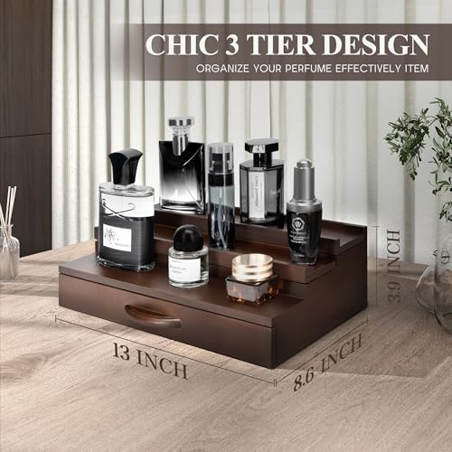 EOSAHR Farmhouse Wooden Cologne Organizer for Men - 3 Tier Perfume Stand Organizer for Dresser with Storage Drawer and Hidden Compartment - Great Gift for Men (Retro Brown)