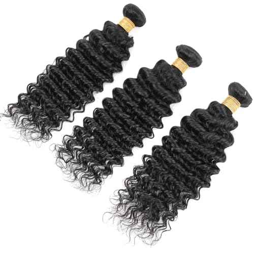 Human Hair Bundles Deep Wave Brazilian Virgin Human Hair 3 Bundles Deals 12 14 16inch 100% Unprocessed Brazilian Deep Wave Curly Bundles Weaves for Black Women Nature Black