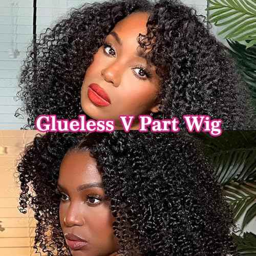 Glueless V Part Wigs Human Hair Afro Kinky Curly Upgrade U Part Human Hair Wigs for Black Women Kinky Curly Bob Pixie Cut Wig Full Head Clip In Half Wig No Leave Out 200% Density 14 Inch
