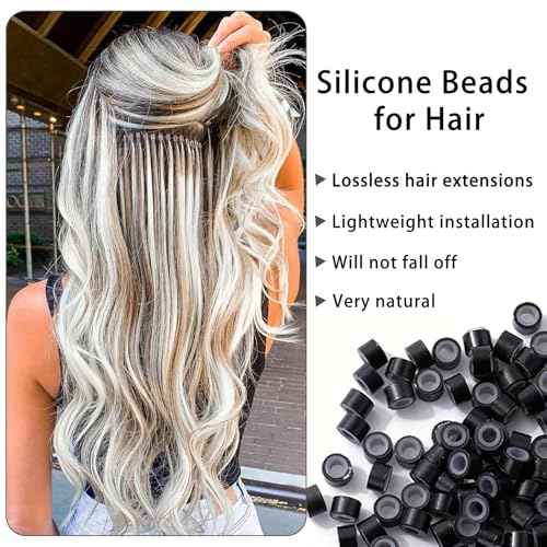 1500Pcs Silicone Beads for Hair Extensions, 5mm Silicone Lined Beads Microlink Rings Hair Extensions Tool (Black, 5mm)