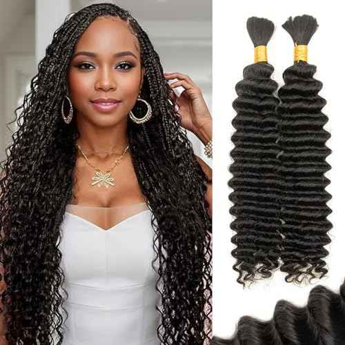 Water Wave Human Hair Bundles Natural Black for Braiding 22 Inch 2 Bundles No Weft, Curly Boho Braids Hair, Brazilian Virgin Hair Extensions (22In,1B)