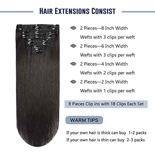 Sunya Real Human Hair Clip-in Extensions - Natural Black, Double Weft, Straight, 20 Inch #1B, 8pcs/120g