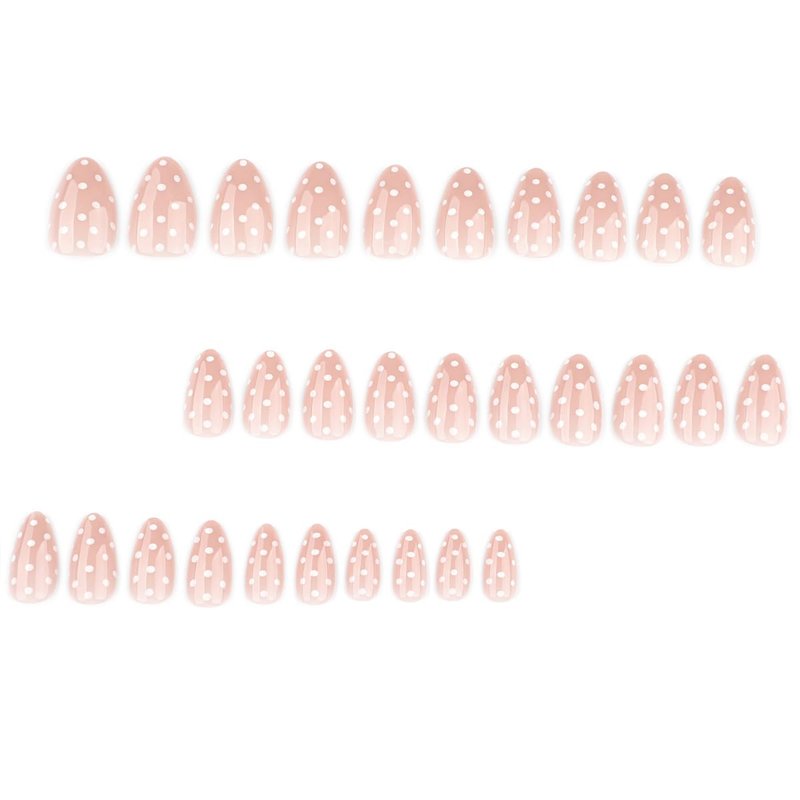 Polka Dot Press-On Nails - Short Almond Fake Nails with White Dots | Glossy Finish | 30 Pcs Set