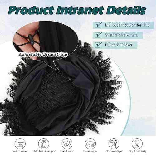 Headband Wig Afro Kinky Headband Wig with Bangs for Women Black Head Wrap 2 in 1 for Women Curly Full Scarf Wigs Synthetic Short Afro Kinky Wigs Afro High Puff Wig