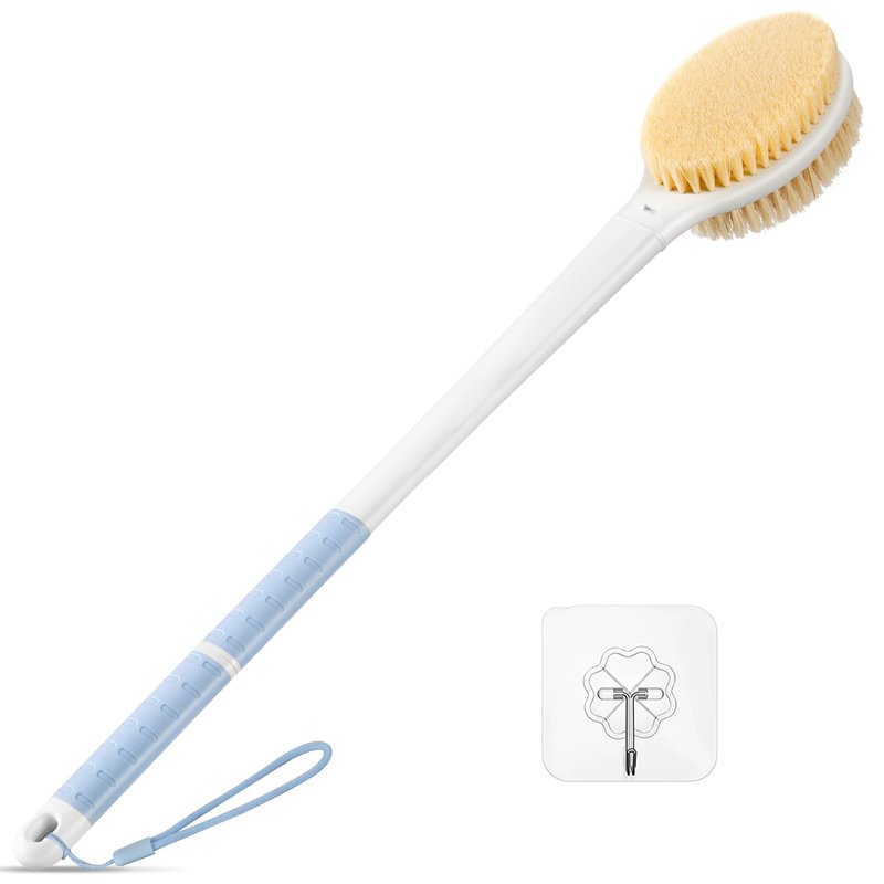 Back Scrubber Body Shower Brush: 20.5‘’ Extra Long Anti Slip Handle Bath Brush with Stiff and Soft Bristles - Showering Exfoliator Wet or Dry Brushing for Women, Men, Elderly (Blue)