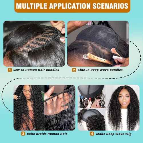 12A Human Hair Bundles 12 14 16 18 Inch Deep Wave Bundles Human Hair 100% Unprocessed Brazilian Virgin Deep Curly Weave 4 Bundle Water Wavy Hair Extensions Real Human Hair 1B Bundle for Women