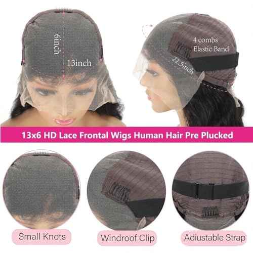 28 Inch Body Wave Lace Front Wigs Human Hair With Baby Hair 13x6 Hd Lace Frontal Wigs Pre Plucked Black Body Wave Wig Human hair 220% Density Long Black Lace Front Wigs For Women