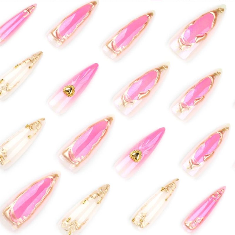 Foccna Long Press on Nails Almond Fake Nails White French Tip False Nails with Gold Line Design Glue on Nails Acrylic Nails Glossy Full Cover Stick on Nails for Women 24Pcs