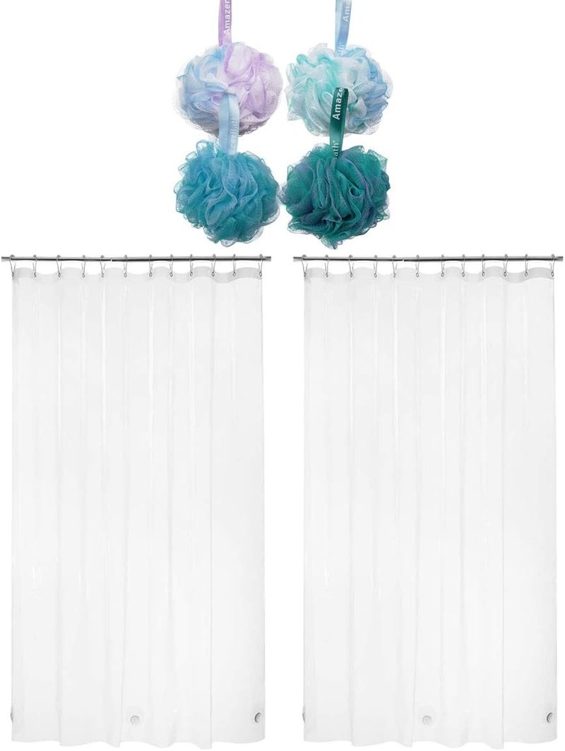 AmazerBath Shower Loofah Balls - Soft 75g Each | 2 Pack Thin PEVA Shower Curtain Liners 72 x 72 Inches