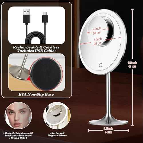 Miusco Makeup Mirror 9" Vanity Mirror with Lights, 5X & 10X Magnification - Front/Back Magnetic Design, Rechargeable & Cordless, Touch Dimming, 90¡Æ Adjustable Angle, Metal Frame, Includes USB Cable