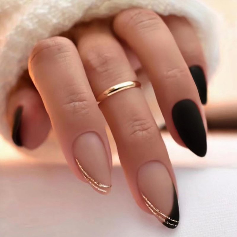 144Pcs Press on Nails Medium Almond Fake Nails French Tip False Nails with Designs Stick on Nails Full Cover Acrylic Nail for Women Manicure 6 Packs