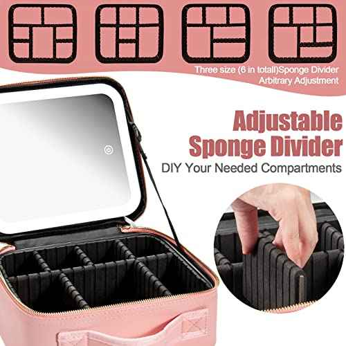 Seoneiro Makeup Travel Bag with LED Lighted Mirror Adjustable Brightness Portable Waterproof Makeup Case with Adjustable Dividers, Make up Train Case Organizer Makeup Brush Accessories and Tool Case