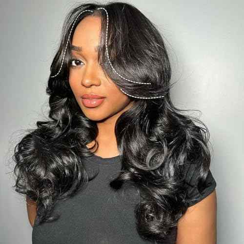 13x6 HD Lace Curtain Bangs Wig Human Hair 200% Density PartingMax Lace Wigs Bouncy Loose Wave Lace Front Wigs Human Hair Pre Cut Plucked Lace Frontal Glueless (Black Color, 16¡±)