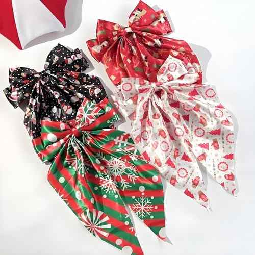 Christmas Silky Satin Hair Bows for Women,Big Ribbon Bow Hair Clips for Girls, Oversized Long Tail Hair Barrettes Cute Hair Accessories