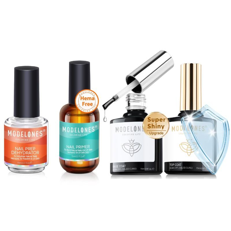 Super Shiny Gel Base and Top Coat Set - 15ml Nail Prep Dehydrator & Primer Kit for Perfect Nails