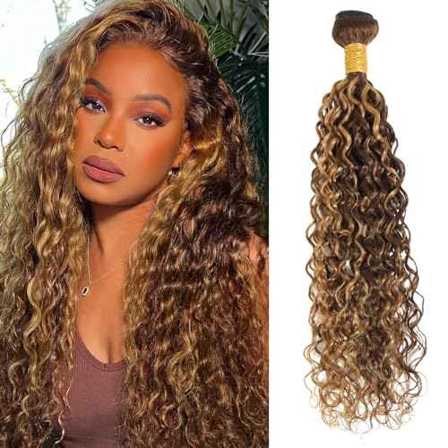 ALHER Honey Blonde Highlight Water Wave Bundles 24 Inch P4/27 Ombre Single Bundles Wet and Wavy Bundles Human Hair Highlight Brown Color 12A 100% Brazilian Virgin Remy Hair for Black Women Soft Thick