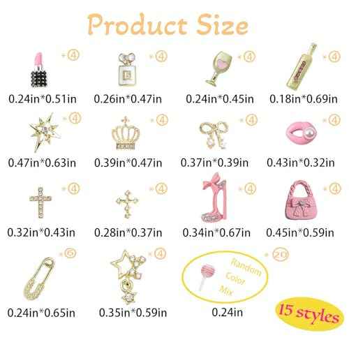 84 pcs 3D Gold Pink Nail Charms Y2K Set Cute Nail Charms with Stars, Crowns, Crosses,Bins,Lollipops, Lips, Bottles, Cups, Perfume, Lipsticks, Bags, and Heels for Nail Art