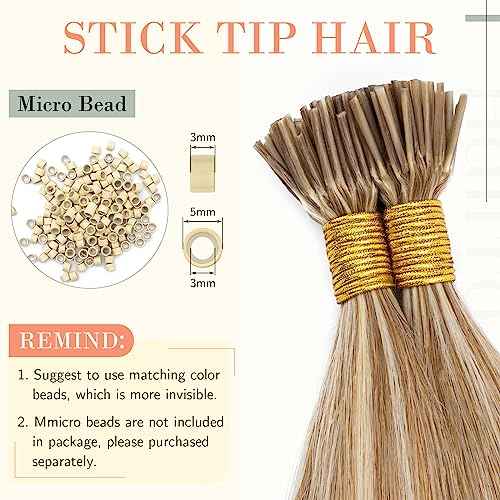 Hairro I Tip Hair Extension For Women Pre Bonded Cold Fusion Keratin Stick Highlight Tipped Hair Pieces Beaded Hair Extensions 22" 100 Strands 50g #12P613 Golden Brown Mix Bleach Blonde