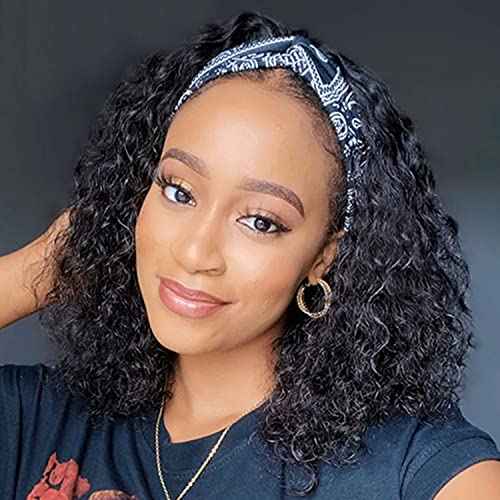 Aiterina Headband Wig deep wave human hair wigs for Black Women Brazilian Remy Hair Glueless Non Lace Front Wig 150% Density Natural Color (8 inch, Headband Wig Deep Wave)