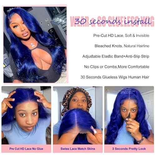 Blue Wear and Go Glueless Wigs Human Hair Pre Cut 9x6 Blue Body Wave HD Lace Front Wig Pre Plucked Colored Lace Closure Wigs for Women 22 Inch 180 Density