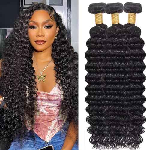 Deep Wave Human Hair Bundles, 13A Curly Bundles Human Hair, 22 24 26 Inch Wet and Wavy 100% Brazilian Virgin Quick Weave Deep Wave Bundle for Women, 300G (3 Bundles Natural Black)