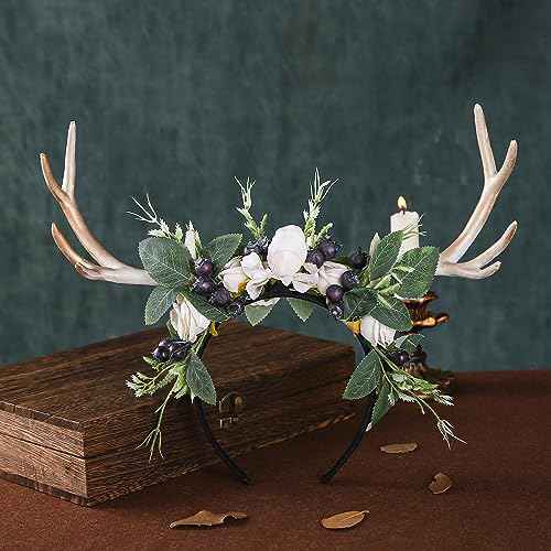 MOSTORY Handmade Deer Horns Headband - Flower Antler Hairband Woodland Reindeer Headpiece with Berries for Prom Renaissance Halloween Cosplay Accessory