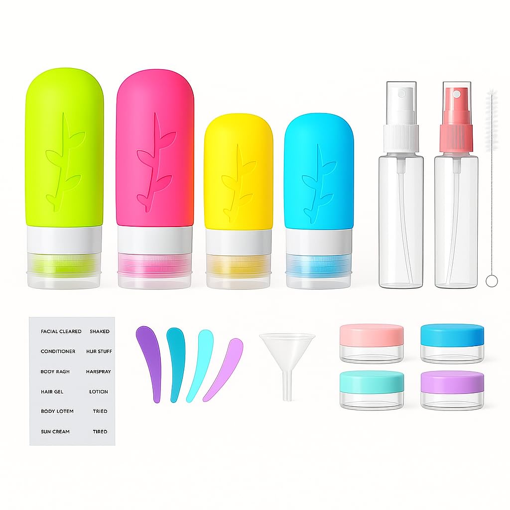 Tocelffe TSA Approved Travel Bottles Set – 18 Piece Leak-Proof Silicone Toiletry Kit with Clear Bag, Refillable Bottles, Jars, Spray Bottle & Accessories for Shampoo, Lotion and Body Wash