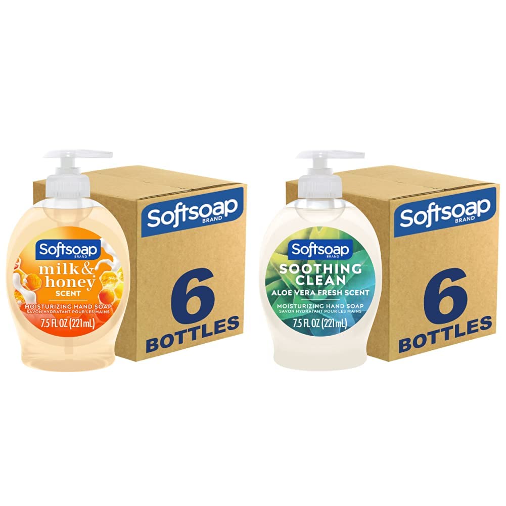 Softsoap Moisturizing Liquid Hand Soap, Milk and Honey, 7.5 Fluid Ounce, Pack of 6 (Package may vary) & Moisturizing Liquid Hand Soap, Soothing Clean Aloe Vera - 7.5 Fl Oz (Pack of 6)