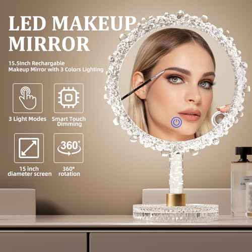 Makeup Mirror with Lights,18"x12"Large LED Lighted Makeup Mirror with Crystal Frame,3-Color Lighting Mode,Intelligent Touch Control,Rotatable,for Vanity Desk Tabletop,Bedroom,Women's Gift,White