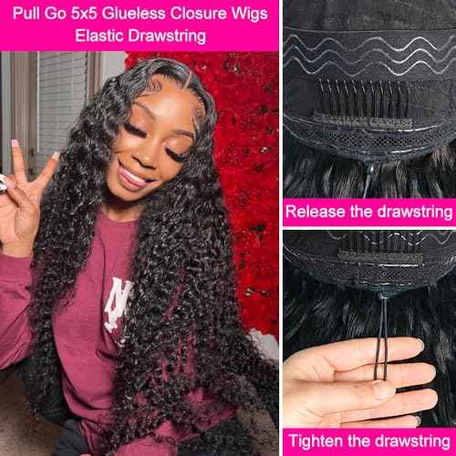 Hidden Strap Deep Wave 5x5 HD Lace Closure Wigs Human Hair Invisible Strap Pre Plucked Pre Cut Bleached Konts Glueless Wigs Human Hair 180% Denisty Deep Curly Closure Wigs with Drawstring 22 inch