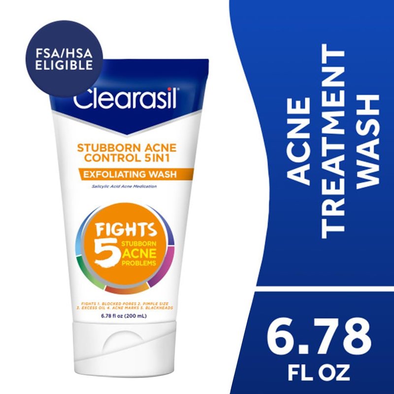 Clearasil Stubborn Acne Control 5in1 Exfoliating Wash, Maximum Strenght with 2% Salicylic Acid Acne Treatment Medicine, Daily Acne Facial Cleanser 6.78 fl oz